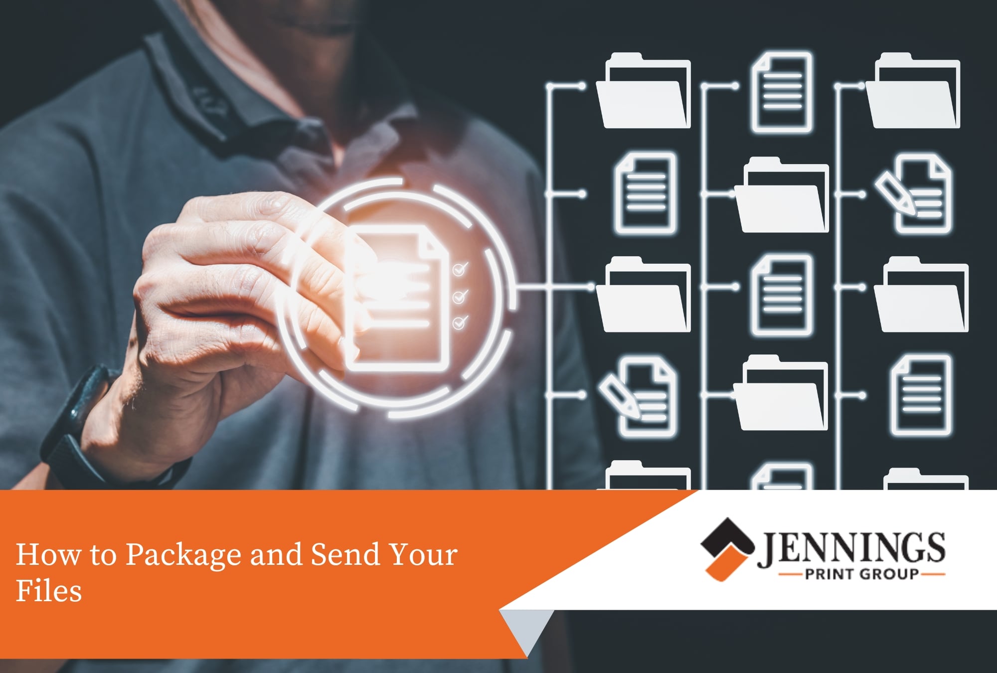 Tips for Managing Print Files for Large Format Jobs - print file A person pointing at a glowing document icon connected to a digital flowchart of folders and print files.