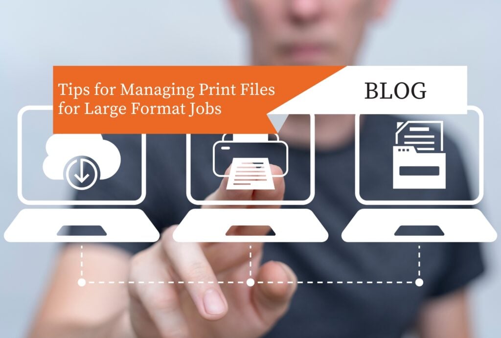 A person pointing at a digital interface featuring laptop icons displaying a cloud download symbol, a printer, and a document folder.