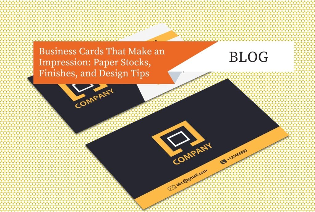 Two custom business cards displayed diagonally on a yellow-patterned background.
