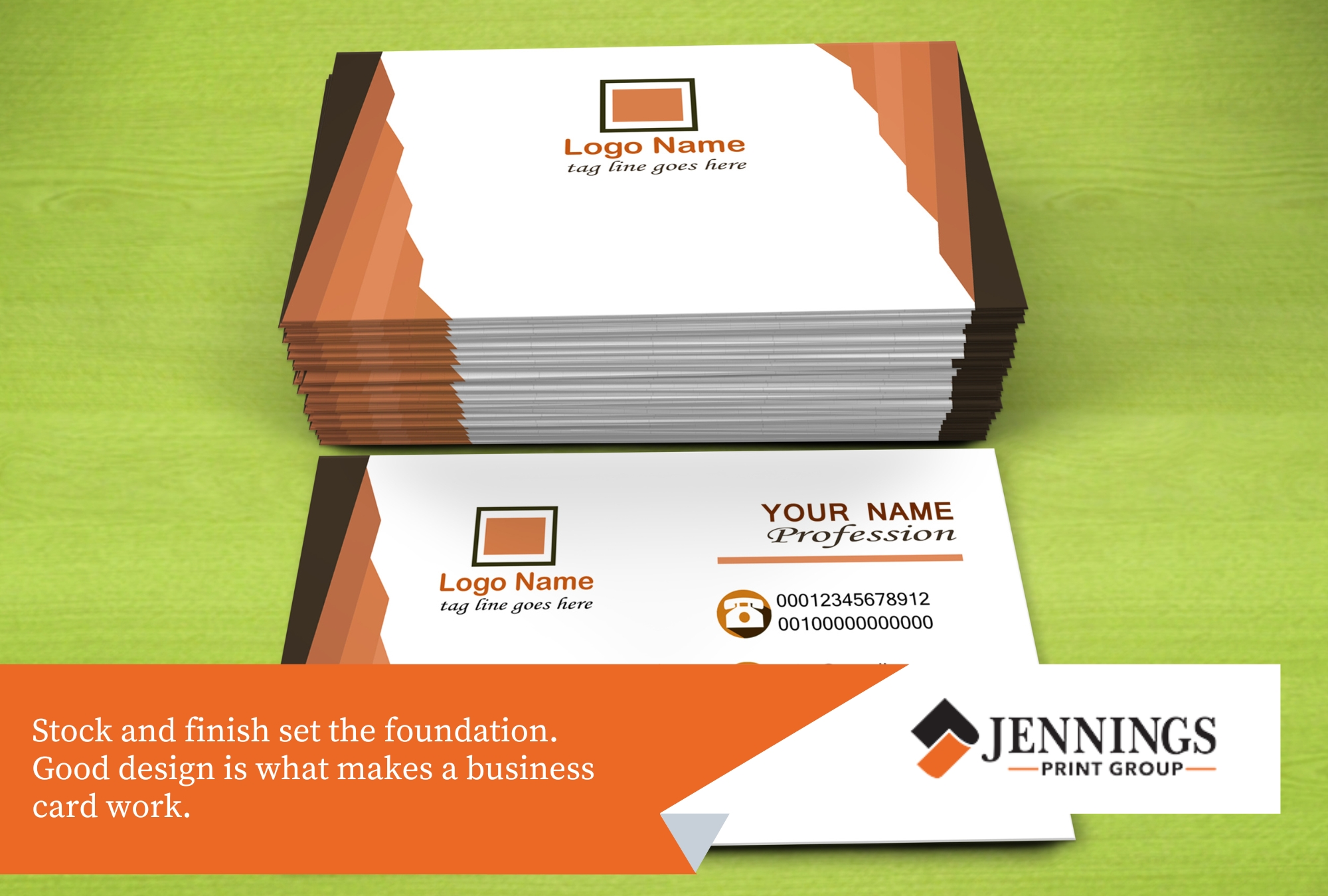 Business Cards That Make an Impression: Paper Stocks, Finishes, and Design Tips - business card A stack of custom-designed business cards and a single card laid flat.