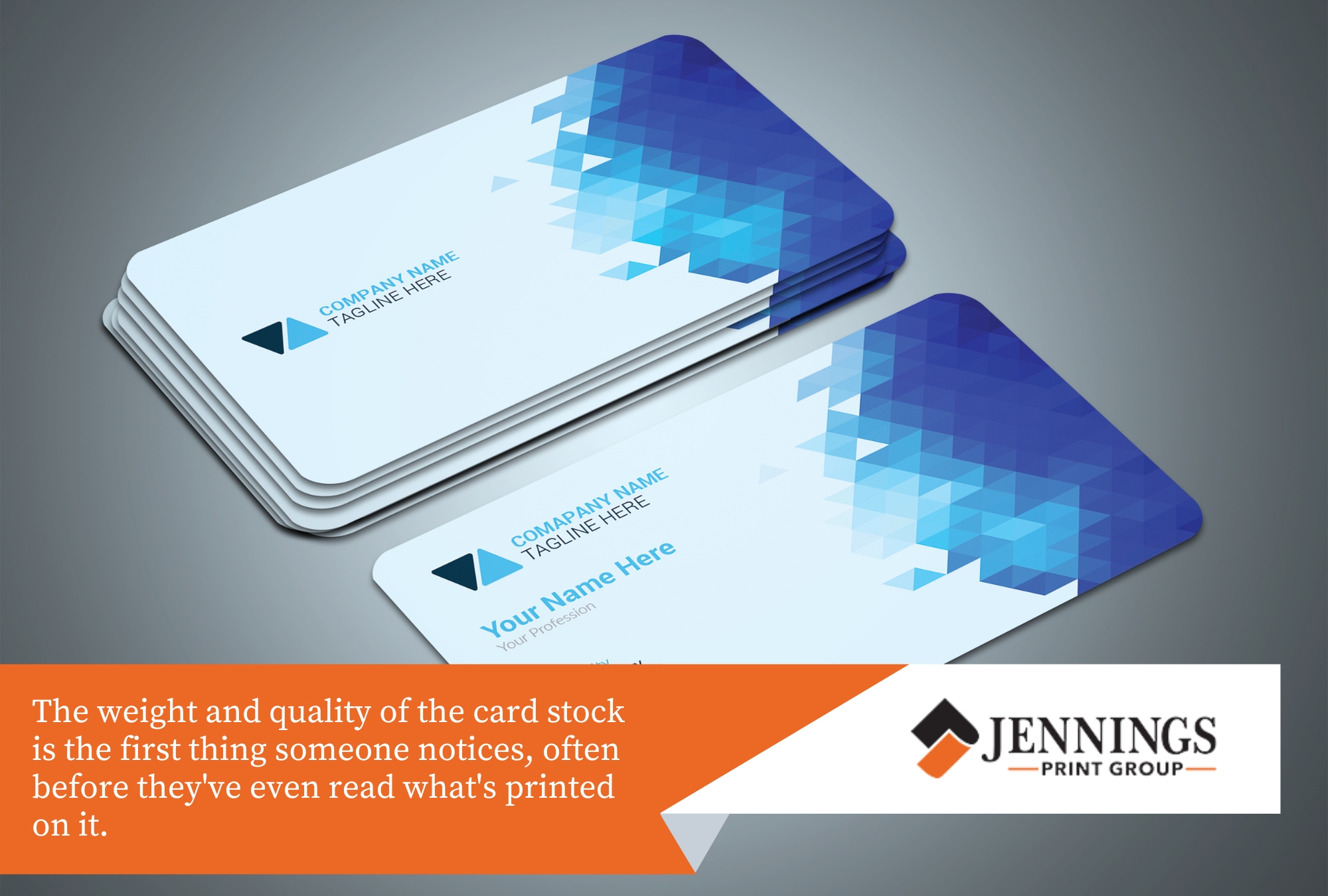 Business Cards That Make an Impression: Paper Stocks, Finishes, and Design Tips - business card A stack and a single display of custom-designed business cards with rounded corners.